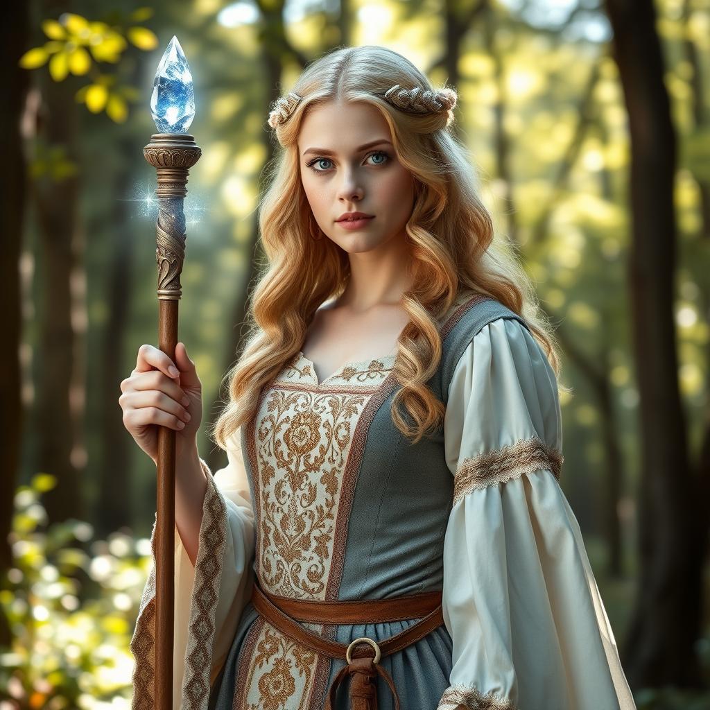 A blonde young woman from the medieval era, dressed in a beautifully detailed gown adorned with intricate embroidery and flowing sleeves