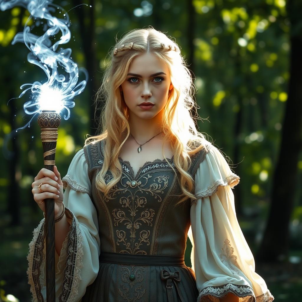 A beautiful blonde young woman dressed in intricate medieval attire, adorned with delicate embroidery and flowing fabrics