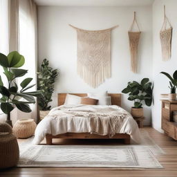 An editorial-style photo of a minimalist bohemian bedroom, featuring clean lines, a neutral color palette, simplistic furniture, accented with boho elements like macrame tapestry, potted plants, and tribal prints.