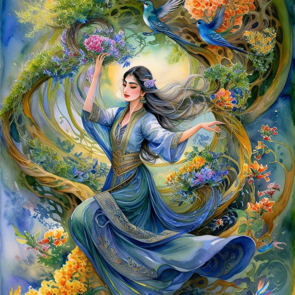 A tangled and busy mystical and spiritual watercolor painting of a beautiful Iranian woman in traditional dress suspended in the air in a swirl of multi-colored flowers, a maze of asymmetrical bonsai trees, a whirlwind of beautiful birds, and a forest of vines in shades of green, yellow, and blue.