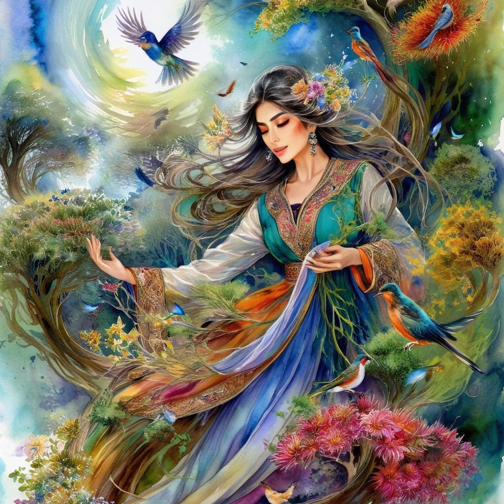 A tangled and busy mystical and spiritual watercolor painting of a beautiful Iranian woman in traditional dress suspended in the air in a swirl of multi-colored flowers, a maze of asymmetrical bonsai trees, a whirlwind of beautiful birds, and a forest of vines in shades of green