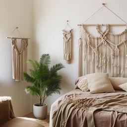 An editorial-style photograph of a minimalist bohemian bedroom, showcasing simple furniture, a muted color scheme, adorned with subtle bohemian elements like macrame wall hangings, indoor green plants, and boho-patterned textiles.