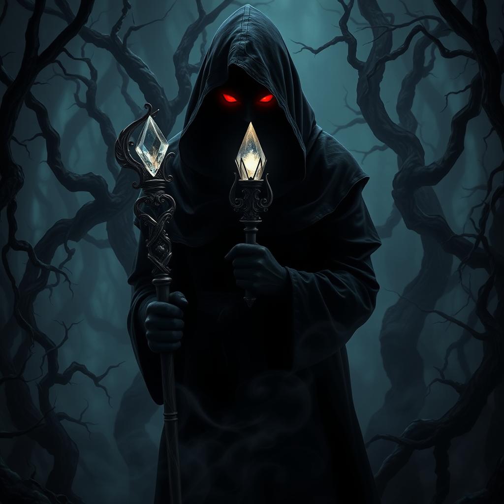 A mysterious hooded figure standing in a dark, enchanted forest, their face obscured by shadow