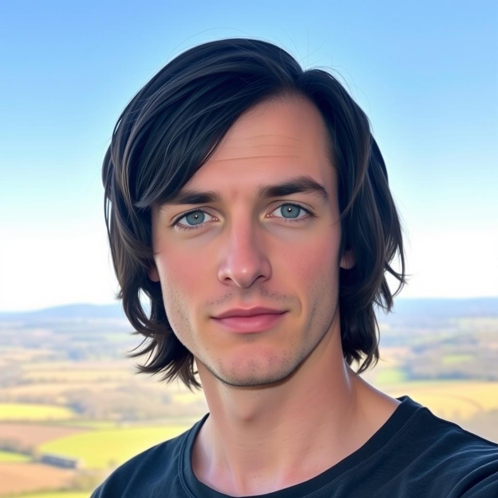 A tall 27-year-old English man with shoulder-length black hair and striking blue-grey eyes, standing confidently