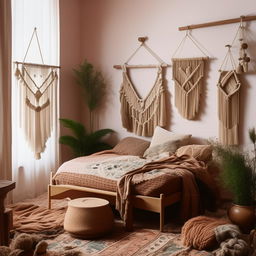 An editorial-style photograph of a minimalist bohemian bedroom, showcasing simple furniture, a muted color scheme, adorned with subtle bohemian elements like macrame wall hangings, indoor green plants, and boho-patterned textiles.