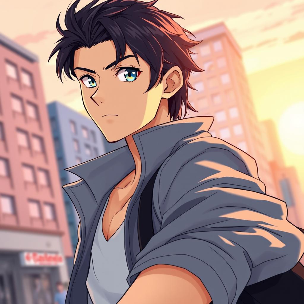 A tall anime-style 27-year-old English man with shoulder-length black hair and captivating blue-grey eyes