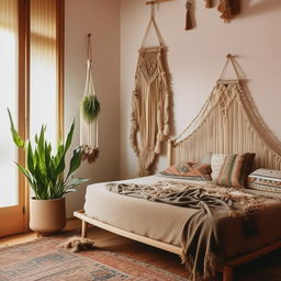 An editorial-style photograph of a minimalist bohemian bedroom, showcasing simple furniture, a muted color scheme, adorned with subtle bohemian elements like macrame wall hangings, indoor green plants, and boho-patterned textiles.