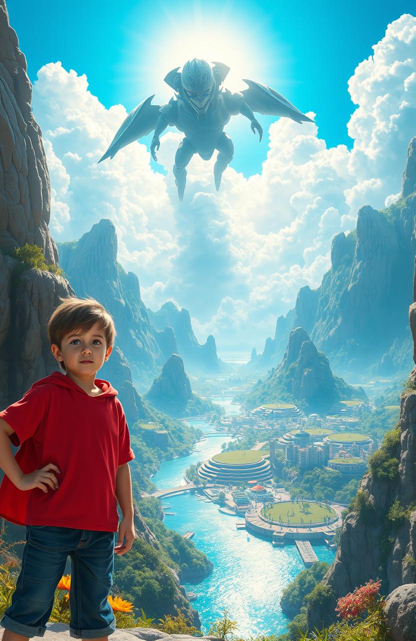Two heroic boys saving the world, standing confidently in the foreground