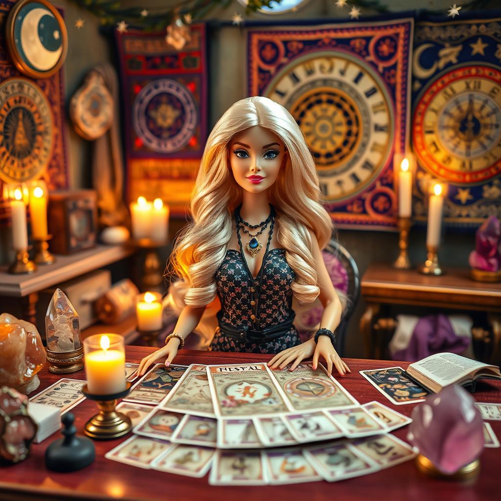 A Barbie-style astrologer sitting at her astrologer's table surrounded by tarot cards, in her teenage witch room