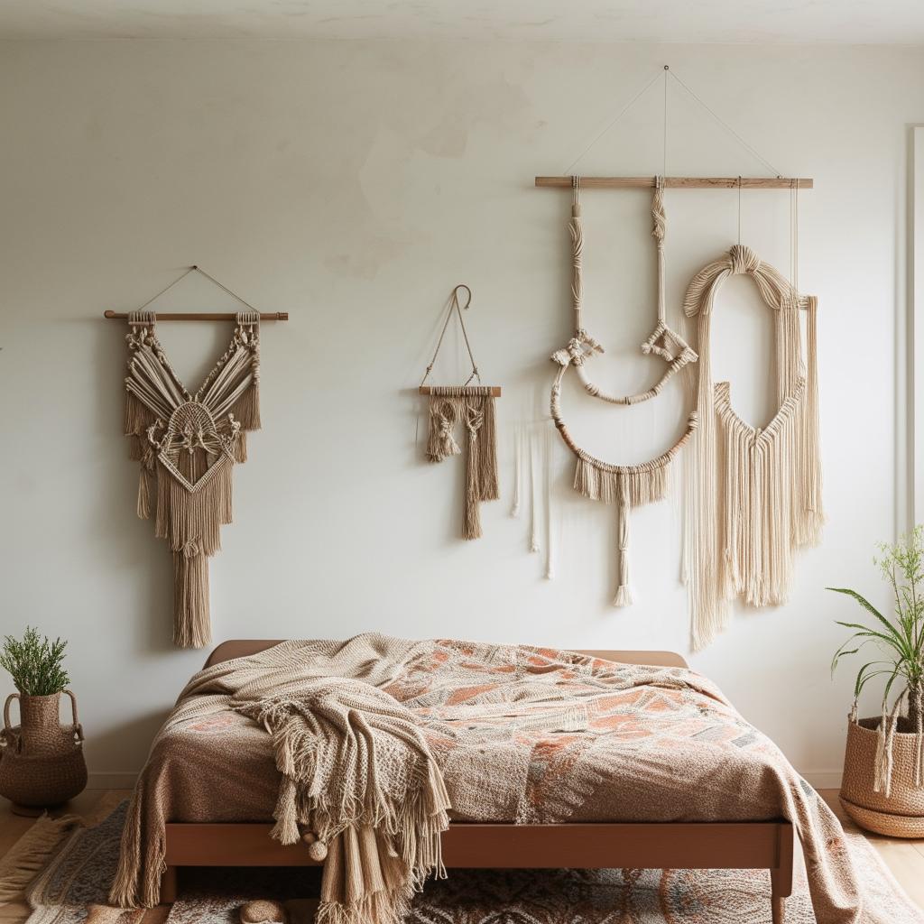 An editorial-style photograph of a minimalist bohemian bedroom, showcasing simple furniture, a muted color scheme, adorned with subtle bohemian elements like macrame wall hangings, indoor green plants, and boho-patterned textiles.