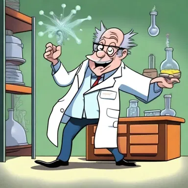 In the cartoon, the mad scientist anatomizes a cartoon character to discover its comedic mechanics.