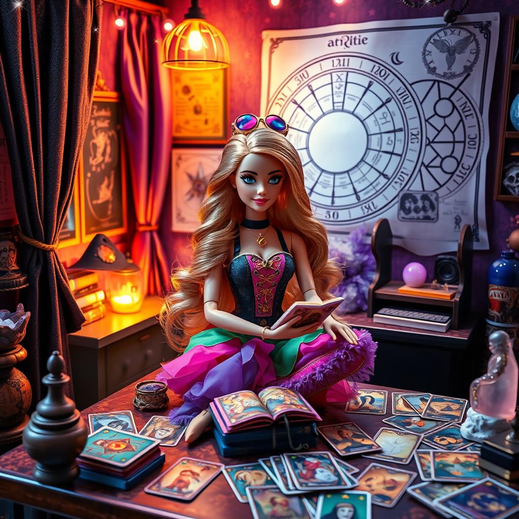 A vibrant and whimsical scene featuring a Barbie astrologer sitting at her astrological desk surrounded by tarot cards