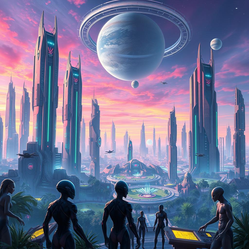 A futuristic sci-fi scene featuring a sprawling alien city with towering skyscrapers made of shimmering glass and metal, bathed in ethereal neon lights