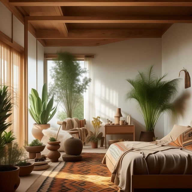 An 8K resolution, architecture editorial photo of an immaculately decorated, minimal boho bedroom, featuring minimalistic furniture, few clean-lined decor, with hints of boho charm like potted plants and tribal-patterned textiles.