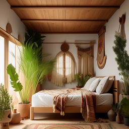 An 8K resolution, architecture editorial photo of an immaculately decorated, minimal boho bedroom, featuring minimalistic furniture, few clean-lined decor, with hints of boho charm like potted plants and tribal-patterned textiles.