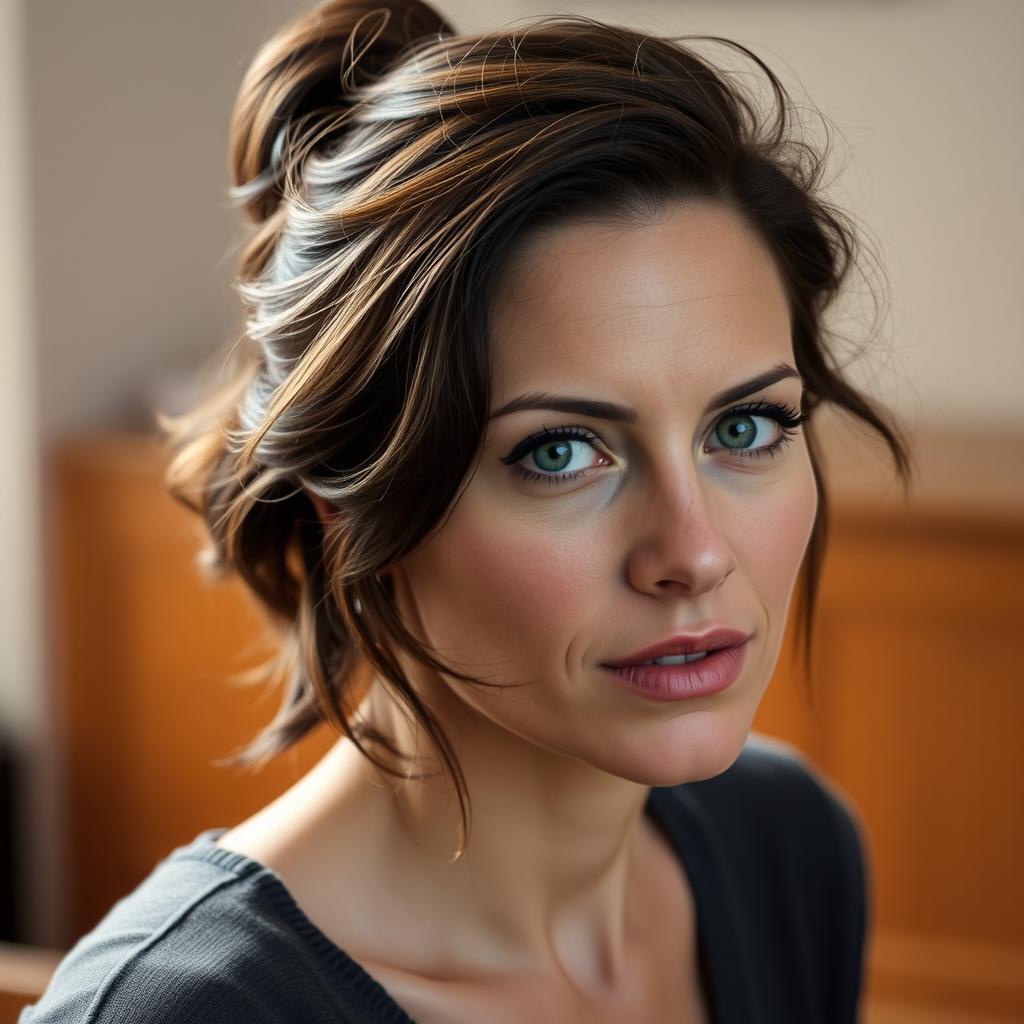 A 42-year-old woman of average height and slender build, with dark brown hair styled in a messy bun