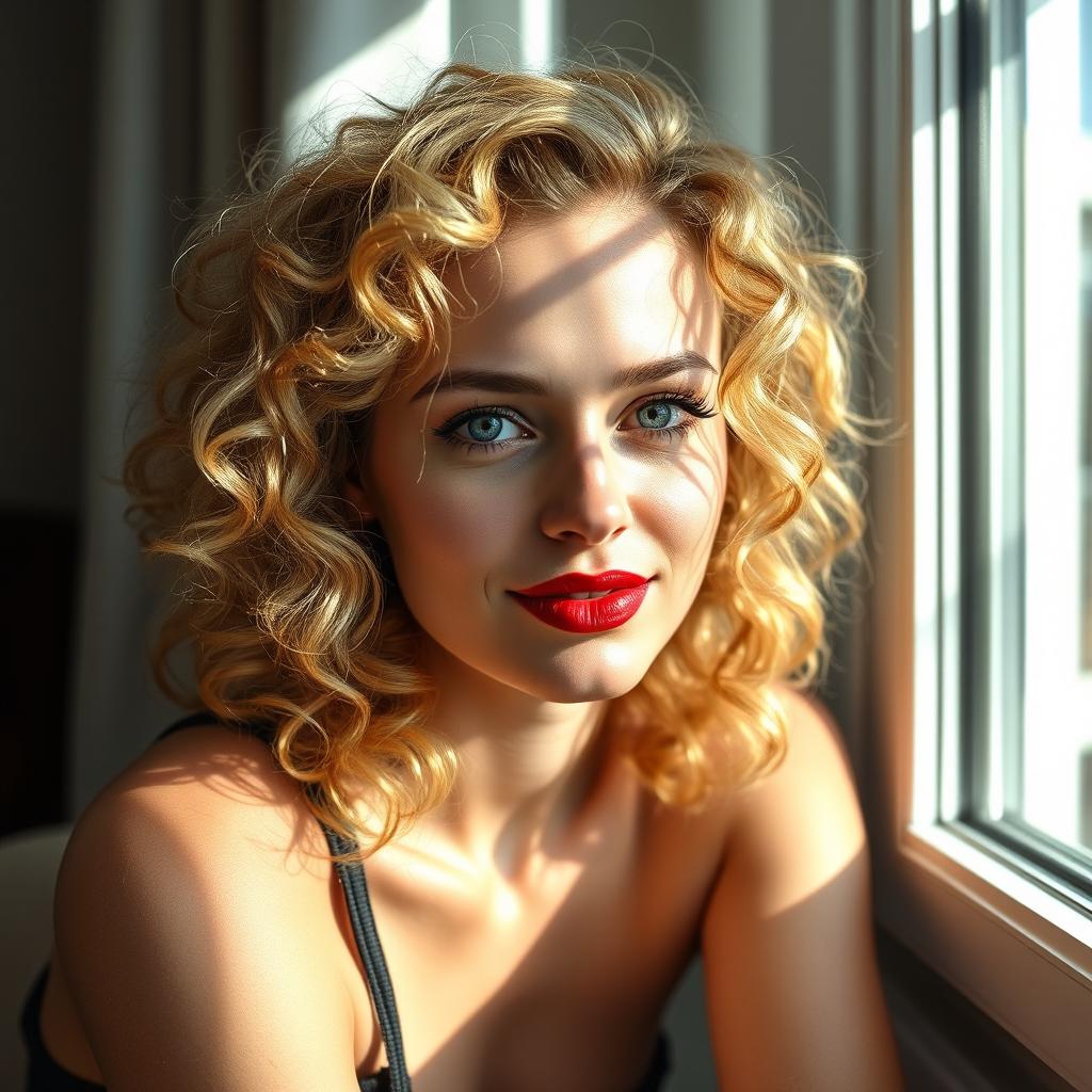 A professional high-resolution portrait photograph of a curly blonde woman with red lips and bright blue eyes, sitting by a window on a sunny day