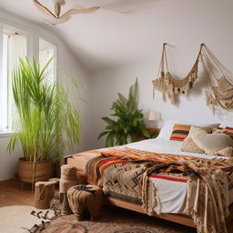 An 8K resolution, architecture editorial photo of an immaculately decorated, minimal boho bedroom, featuring minimalistic furniture, few clean-lined decor, with hints of boho charm like potted plants and tribal-patterned textiles.