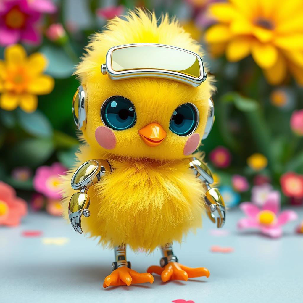 A cute yellow chick robot, designed in a futuristic style, with shiny metallic features and expressive digital eyes