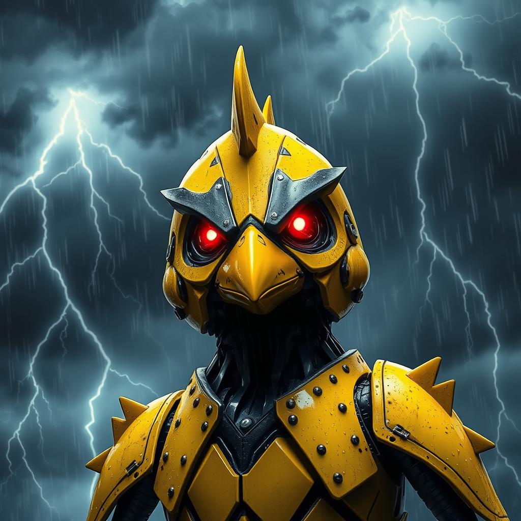 A spooky yellow chick robot standing ominously under a stormy sky filled with dark clouds and lightning