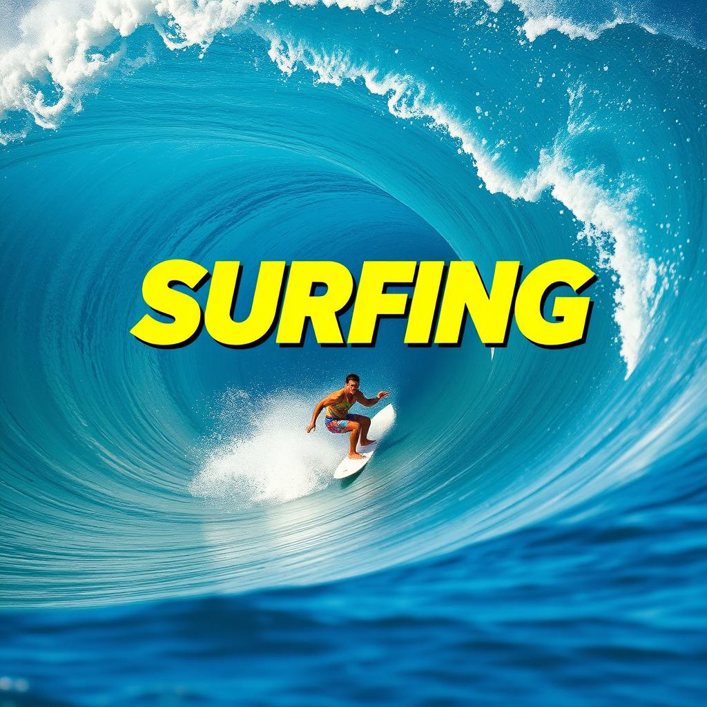 A dynamic and exhilarating scene of a surfer riding a massive, curling wave, capturing the thrill and intensity of the moment