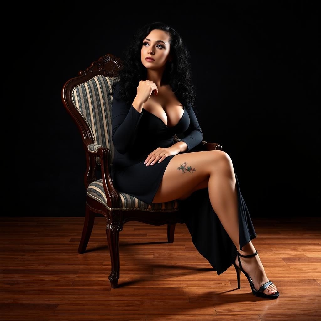 A confident woman with long, curly black hair, elegantly seated on an antique wooden chair featuring intricate carvings and a striped upholstered seat