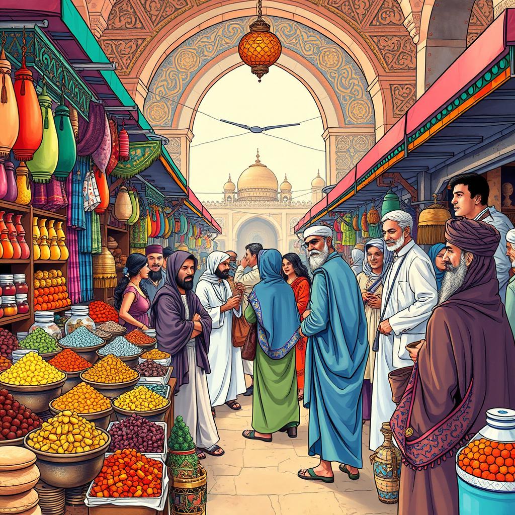A vibrant and colorful illustration depicting a lively Middle Eastern market scene filled with diverse characters engaging in conversation and trade