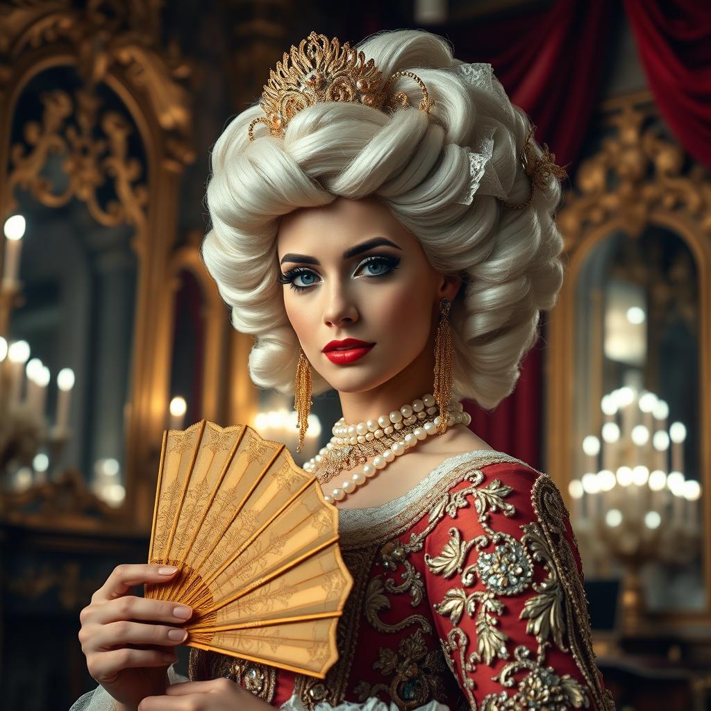 A magnificent woman dressed in an opulent baroque gown adorned with intricate embroidery and pearls