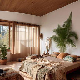 An 8K resolution, architecture editorial photo of an immaculately decorated, minimal boho bedroom, featuring minimalistic furniture, few clean-lined decor, with hints of boho charm like potted plants and tribal-patterned textiles.