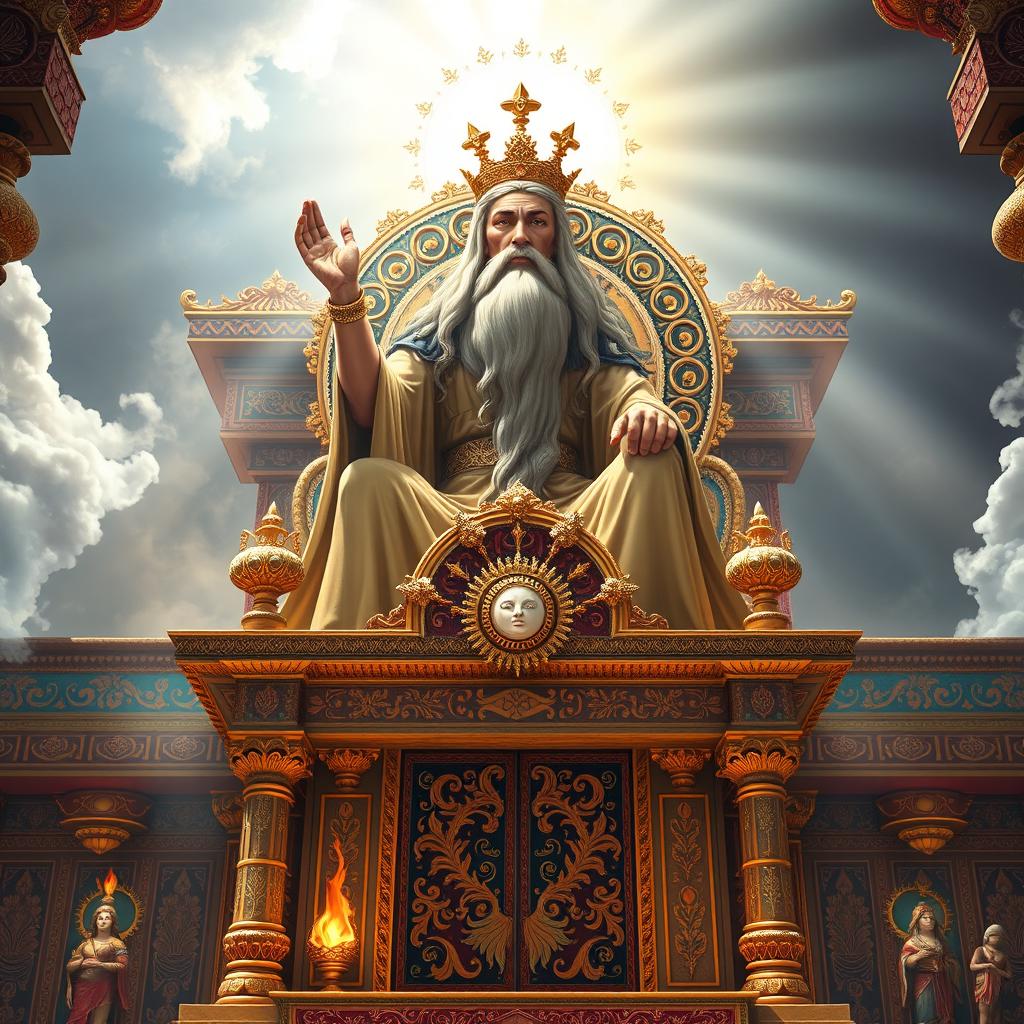 A majestic depiction of Ahura Mazda, the ancient Persian god of light and wisdom, portrayed above a grand, ornate throne adorned with intricate carvings and symbols of Zoroastrianism