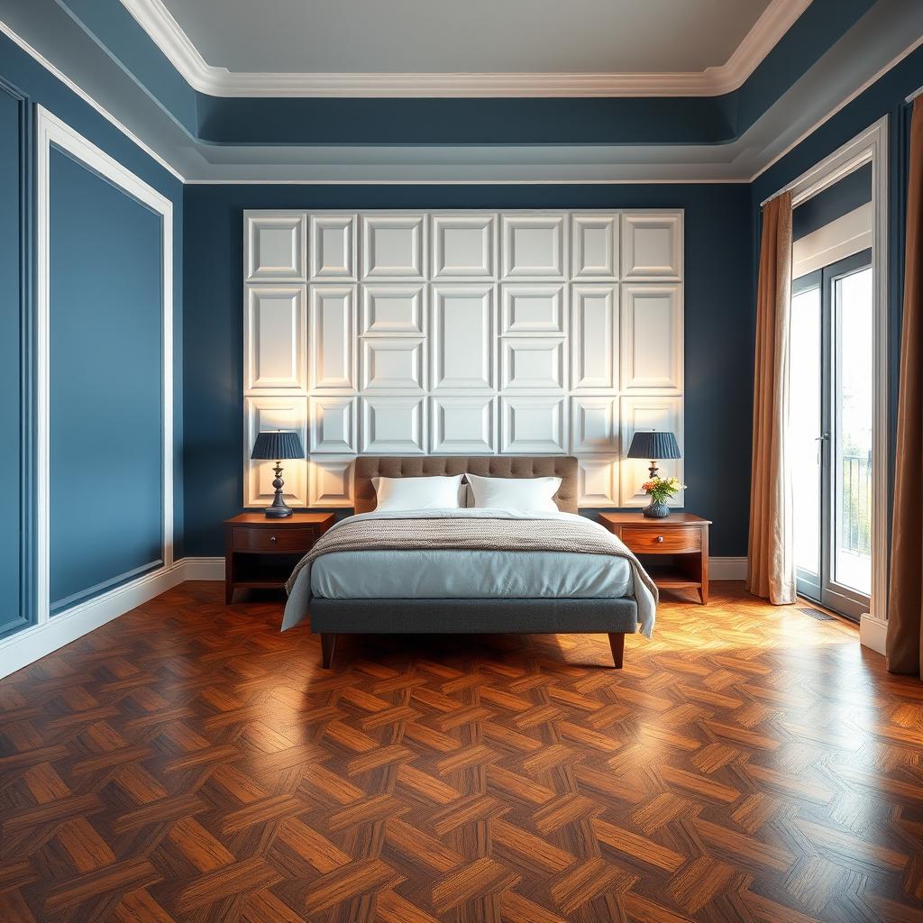 A beautifully designed room featuring three blue walls and a stunning accent wall in the center made of elegant white panels