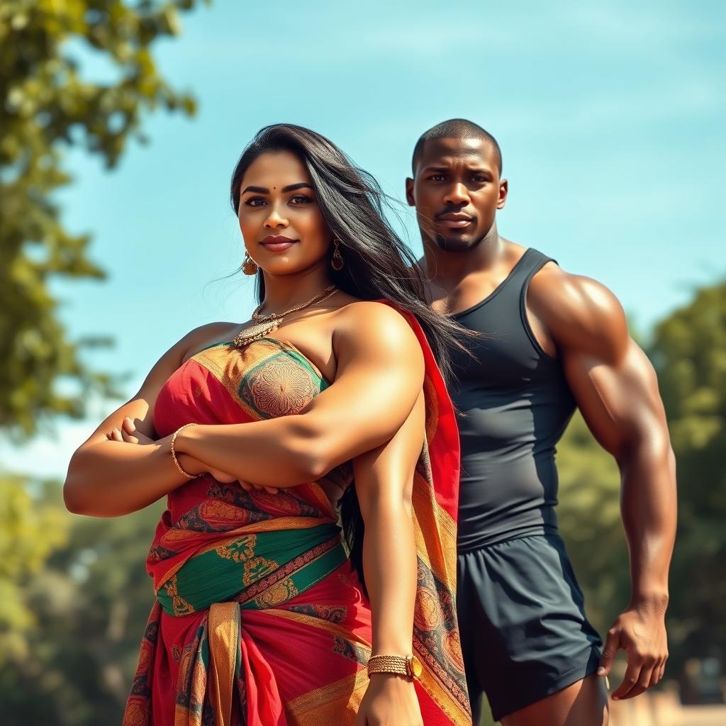 An Indian woman with big, defined muscles, showcasing her strength and power, standing confidently next to an African man who also has a muscular physique
