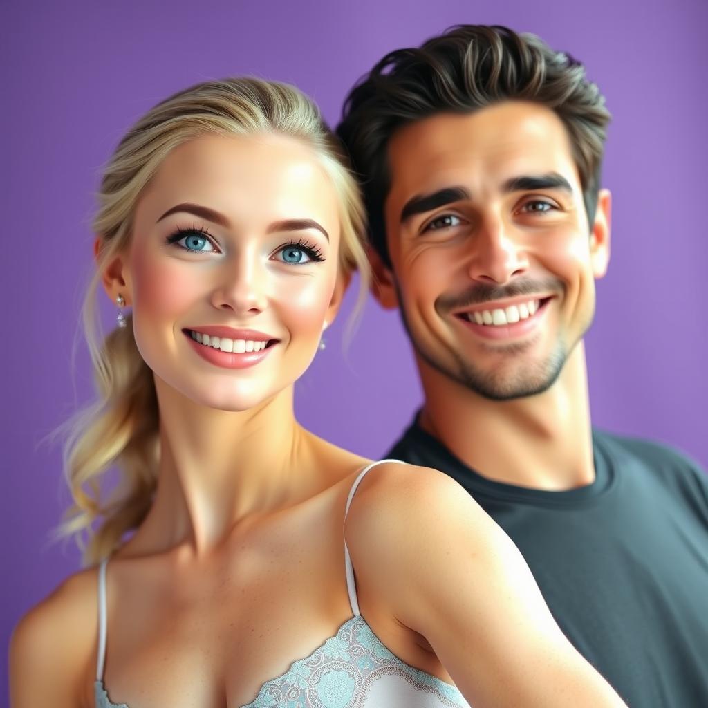 A beautiful blonde ballerina with striking blue eyes, elegantly posed next to a tall man with dark hair and brown eyes, both smiling warmly