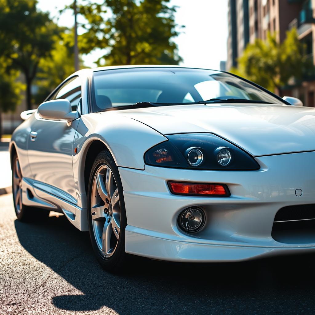 A stunning white Mitsubishi Eclipse 1G in a dynamic outdoor setting, showcasing its sleek and sporty design