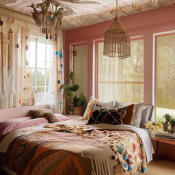 Immaculately decorated boho style bedroom with vibrant colors, brimming with intricate patterns and globally influenced accessories in an editorial photography style.