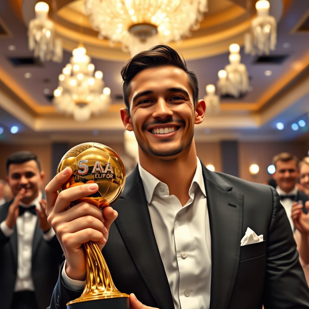 A stunning portrait of a soccer player proudly holding the Ballon d'Or trophy