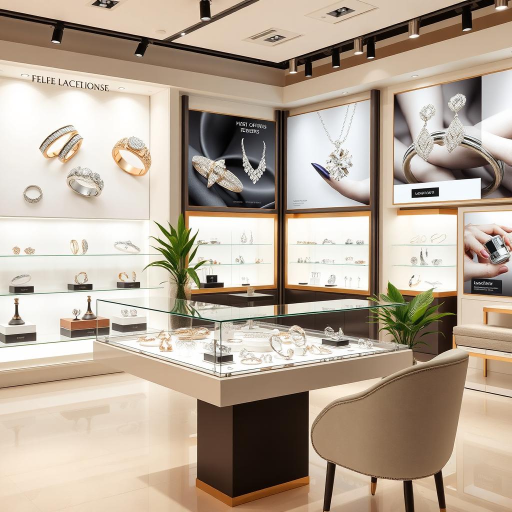 An elegant online jewelry store setting featuring a stunning display of various luxurious jewelry items such as rings, necklaces, bracelets, and earrings