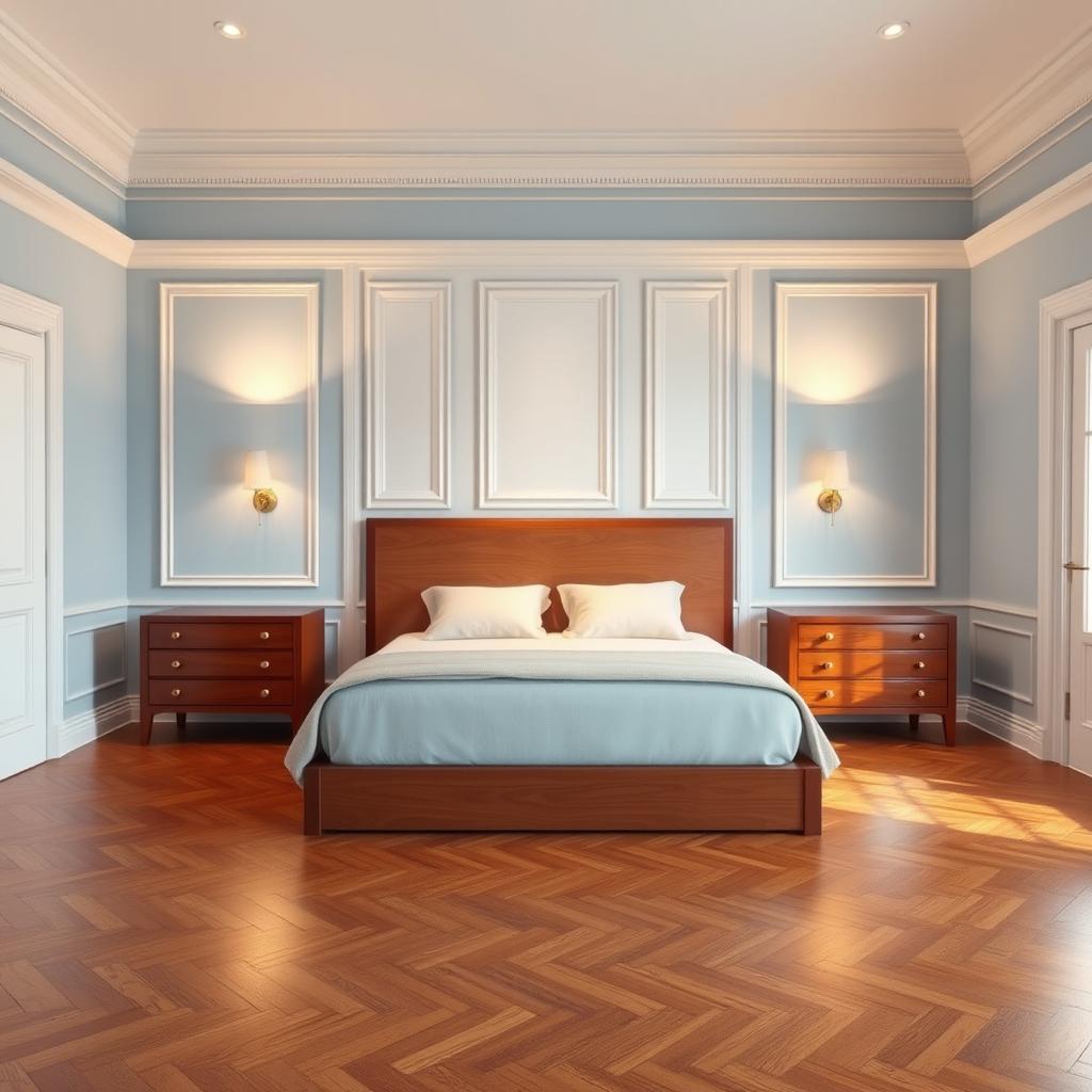 A beautifully designed room featuring three light blue walls and a stunning accent wall behind the bed made of white panels with elegant moldings