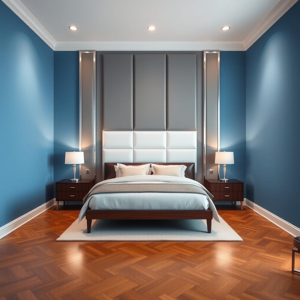 A beautifully designed room featuring three blue walls and a stunning accent wall in the center made of elegant white panels