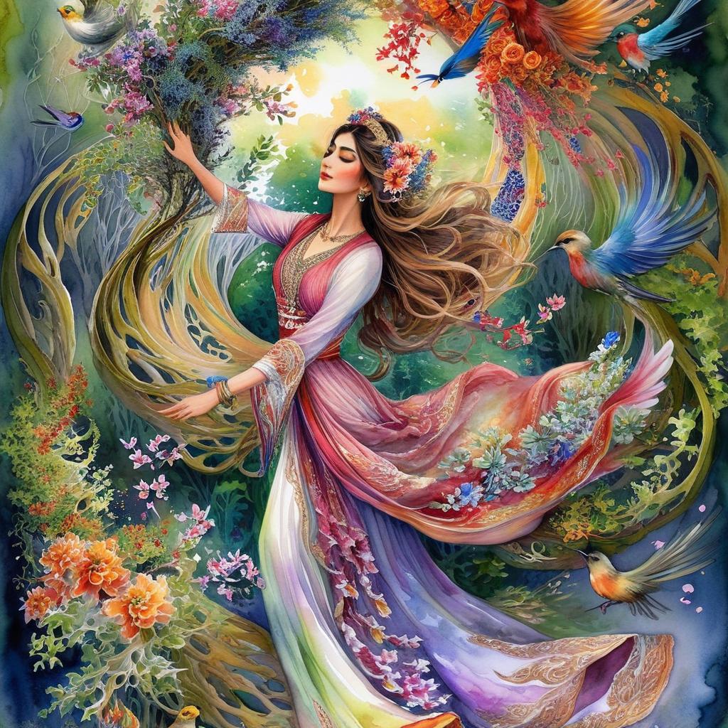 A tangled and busy mystical and spiritual watercolor painting of a beautiful Iranian woman in traditional dress suspended in the air in a swirl of multi-colored flowers, a maze of asymmetrical bonsai trees, a whirlwind of beautiful birds, and a forest of vines in shades of green