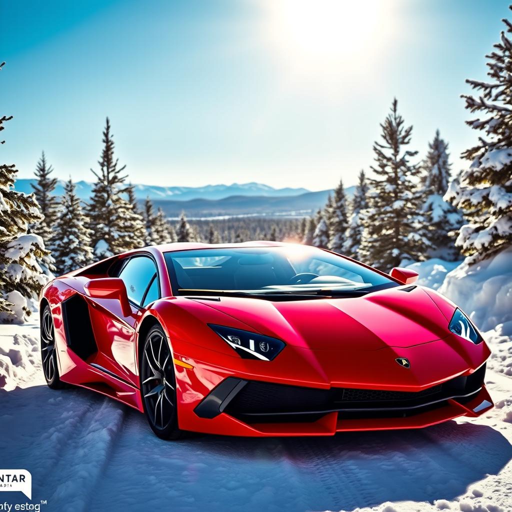 A stunning red Lamborghini Aventador, showcased in a winter setting with snow-covered landscapes, vibrant red color gleaming under the winter sun