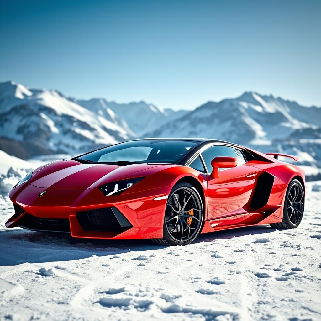 A stunning Lamborghini Aventador in a vibrant red color, parked in a picturesque winter landscape