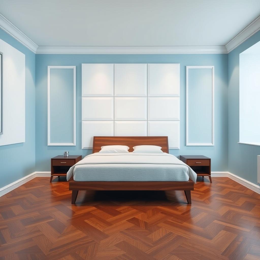 A beautifully designed room featuring three light blue walls and a stunning accent wall made of large white panels in the center