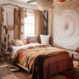 Immaculately decorated boho style bedroom with vibrant colors, brimming with intricate patterns and globally influenced accessories in an editorial photography style.