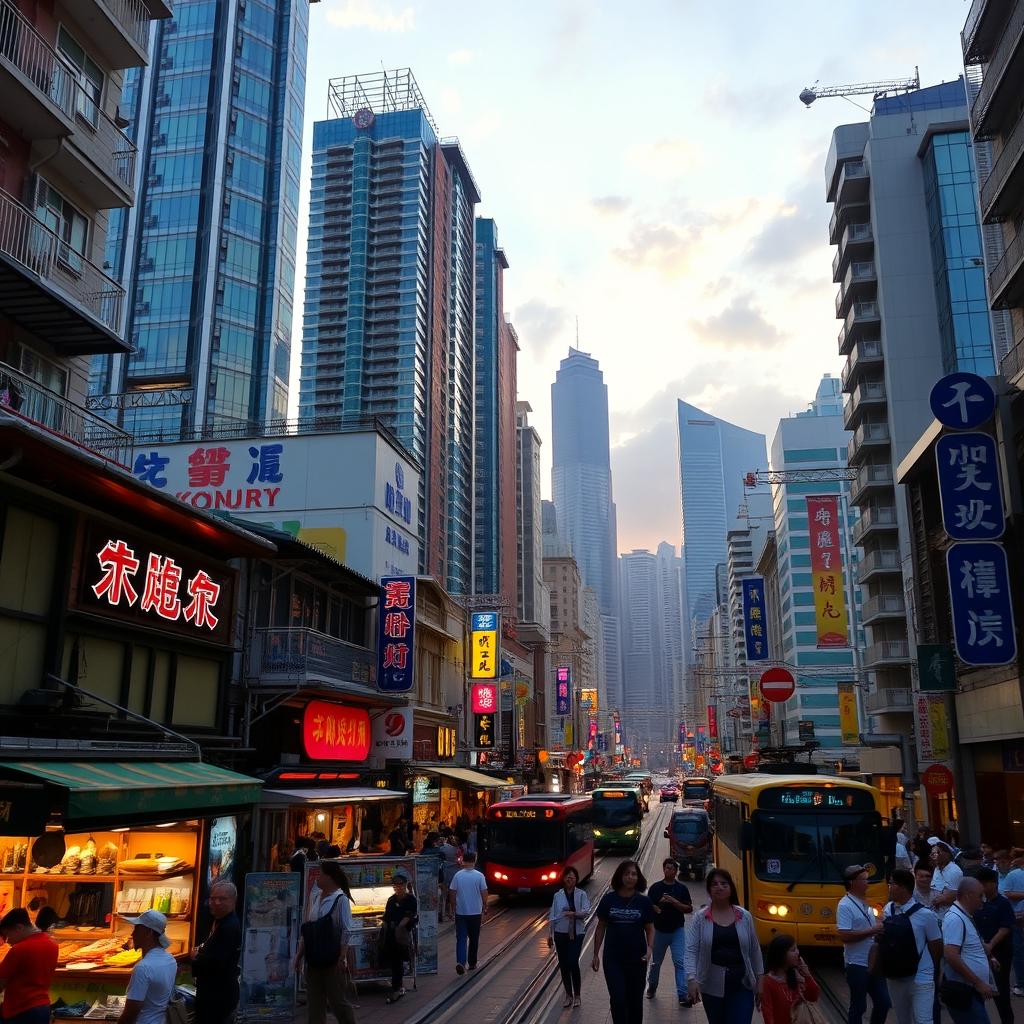 A vibrant, busy street scene in Hong Kong showcasing the iconic skyline featuring skyscrapers, neon signs, and bustling streets filled with people