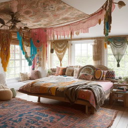 Immaculately decorated boho style bedroom with vibrant colors, brimming with intricate patterns and globally influenced accessories in an editorial photography style.