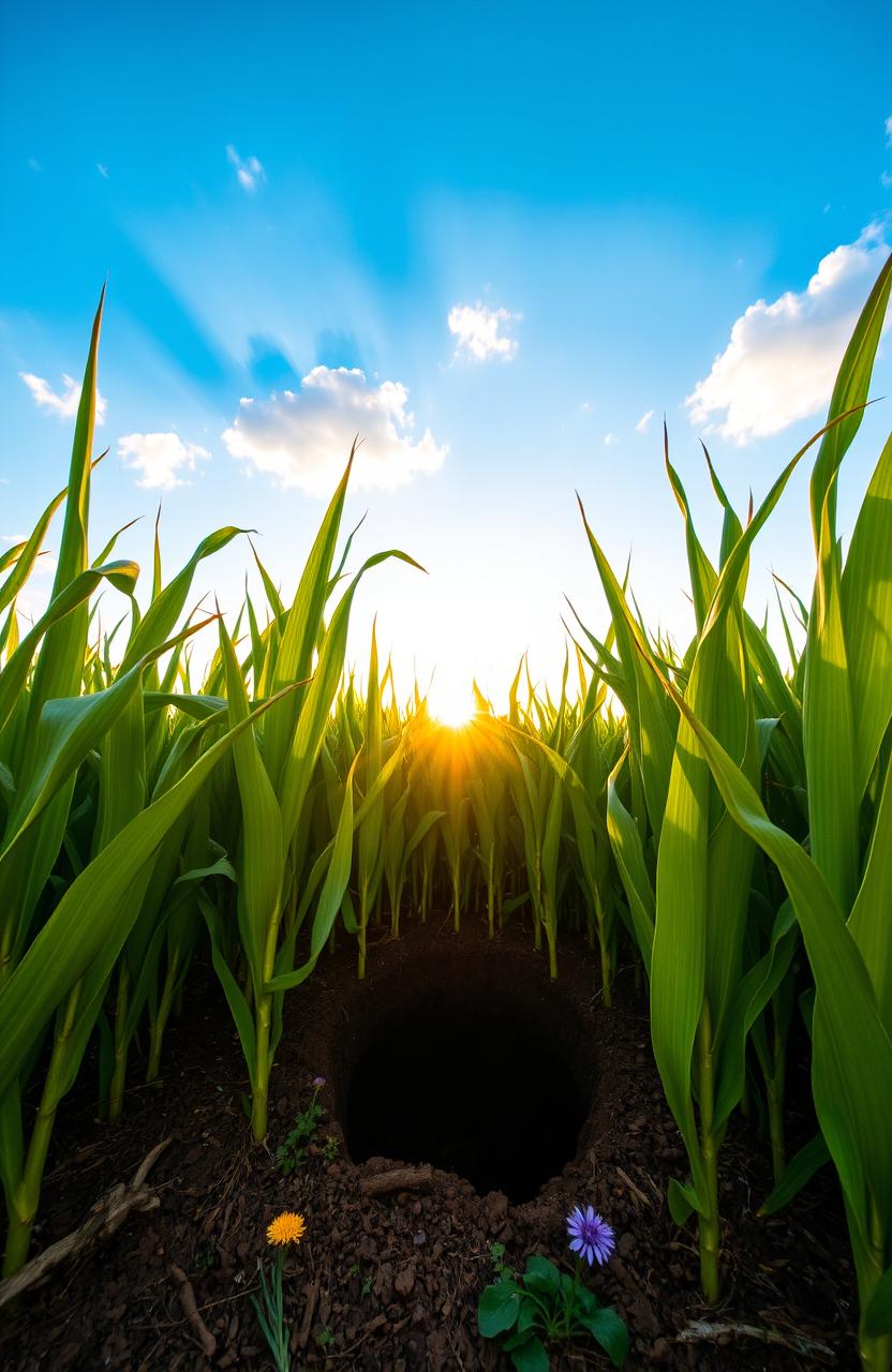 A scenic view of a cornfield with a large, intriguing hole in the center, surrounded by tall, green corn stalks swaying gently in the breeze