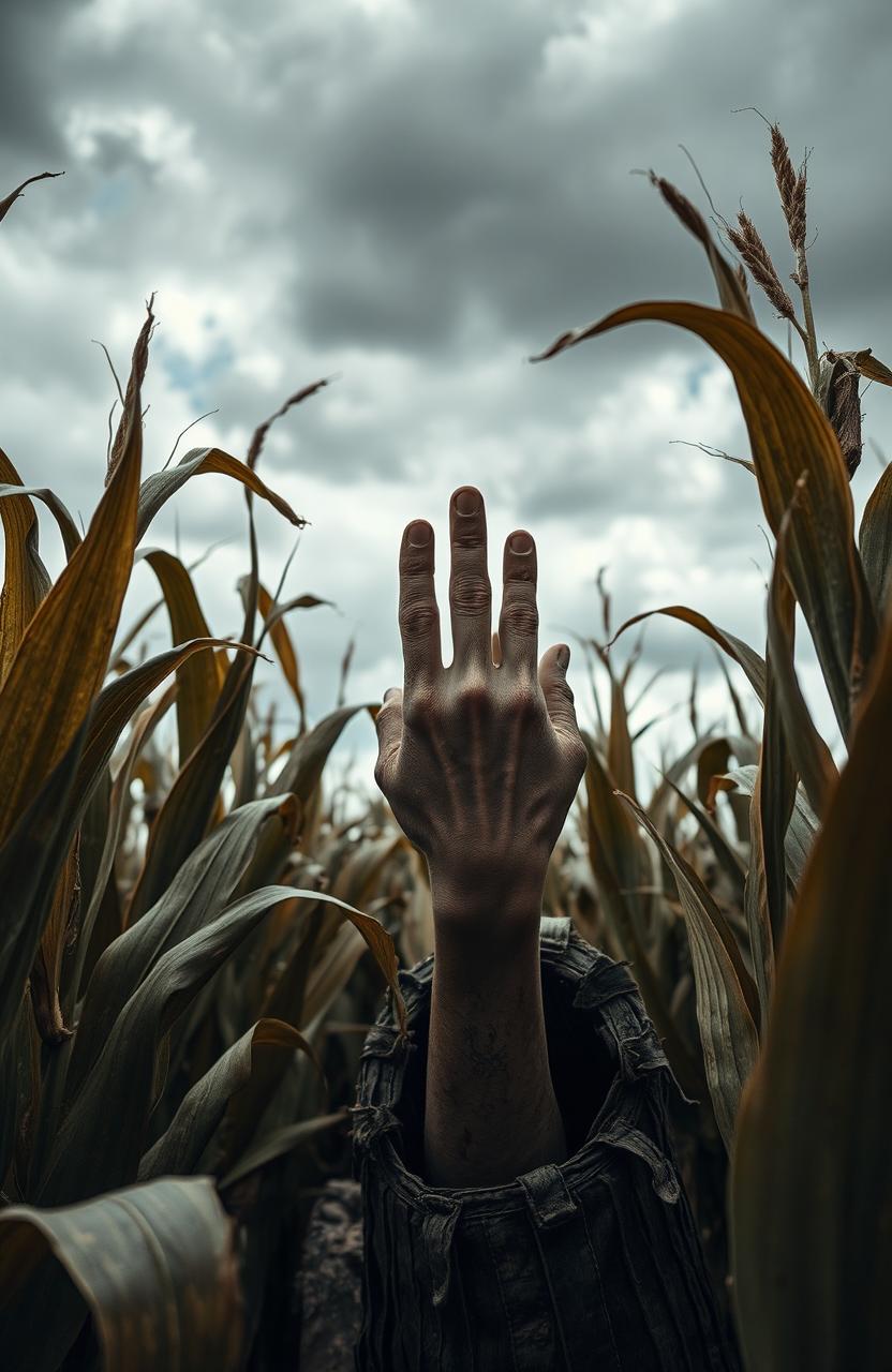 A dramatic scene featuring a hand emerging from a hole in a cornfield under moody, grey skies