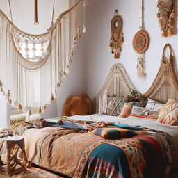 Immaculately decorated boho style bedroom with vibrant colors, brimming with intricate patterns and globally influenced accessories in an editorial photography style.