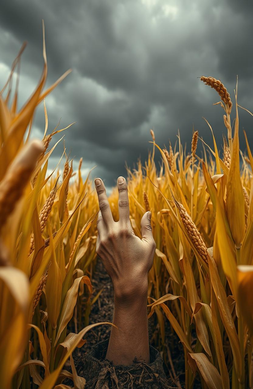 A hand reaching out from a hole in a cornfield, surrounded by tall, golden corn stalks, under dramatic grey skies that suggest an impending storm